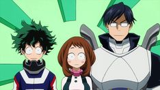 three anime characters standing next to each other in front of green and white background,