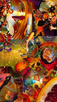 a collage of images with fruit, flowers and other things in it's center