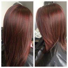 Red lowlights with brown between the foils Brown Hair With Red Highlights, Brown Hair With Red, Highlights In Brown Hair, Hair With Red Highlights, Red Highlights In Brown Hair, Hair Highlights And Lowlights, Jenifer Aniston, Red Brown Hair