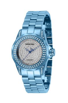 This Invicta watch is the very first one produced in its limited edition series. From the Pro Diver collection, it holds an exact Quartz movement, as well as a 1.13 carats of diamonds, and it features a sturdy light blue case. On its face you can find a pave, metal dial covered by a durable Flame Fusion Crystal. This style is finished by a reliable light blue, stainless steel band, and it offers 100 m water resistance.For a limited time, Eyal Lalo is opening up his private vault of exclusive fir Classic Blue Diamond Watch With Metal Dial, Blue Automatic Diamond Watch, Invicta Pro Diver, Best Watches, Blue Cases, Invicta Watches, Buy Watches, Women's Watches, Blue Band