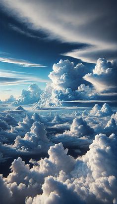 the sky is filled with fluffy clouds and blue hues in this photo taken from an airplane