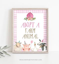 Adopt a Farm Animal Party Sign Farm Birthday Sign Favors Barnyard Birthday Farm Animals Girl Favor Sign Pink Pink Gingham PRINTABLE 0155 Farm 3rd Birthday Party Girl, Adopt A Farm Animal, Pink Farm Birthday Party, Pink Farm Birthday, Farm Animal Birthday Party