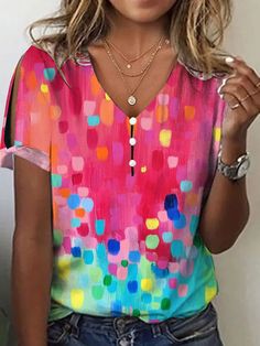 Women's Colorful Polka Dots Print Top V-Neck Short Sleeve T-Shirts Women's Spring Outfits, Cheap Clothing, Spring Outfits Women, Women T Shirts, Polka Dot Print, Outfits Summer, Dot Print, Print Top, Clothing Women