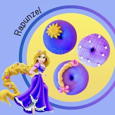 an image of princess rapunzel in front of some donuts and other items