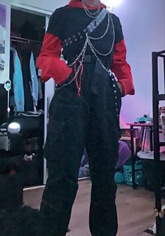 Red And Black Goth Outfits Men, Red And Black Punk Outfits Men, Red Grunge Outfit Men, Red Punk Outfits Men, Red And Black Male Outfits, Red Alt Outfits, Red Punk Outfits, Devilcore Aesthetic Outfit, Red And Black Outfits Men