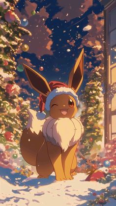 pikachu standing in the snow wearing a santa hat