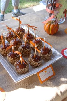 an assortment of desserts on a white plate with orange ribbons and pumpkins in the background