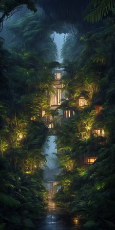 a house surrounded by trees and lights in the rain