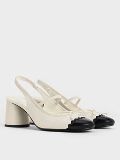 Cream Two-Tone Bow Slingback Pumps | CHARLES & KEITH Chic Cream Slingback Pumps With Buckle Closure, Elegant Cream Slingback Pumps With Buckle Closure, Chic Cream Heels With Bow, Chic Slingback Kitten Heels With Bow, Charles And Keith White Heels, Charles And Keith Shoes, Charles And Keith, Pretty Heels, Block Heel Pumps