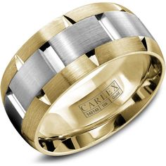 Carlex Men's Wedding Band - Brushed Notched Center with Polished Geometric Cutouts on Side Bands in Yellow Gold and White Gold - 9.5mm Width from the G1 Collection Mens Wedding Bands Brushed, Traditional Wedding Bands, Jewelry Appraisal, Ring Pendant Necklace, Custom Jewelry Design, Gold Platinum, Mens Wedding Bands, Wedding Men, Jewelry Branding