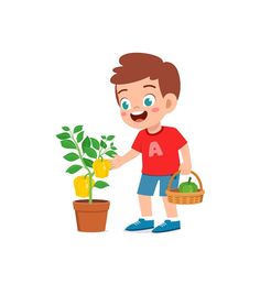 a young boy is holding a basket and potted plant