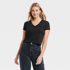 Women's Shrunken Short Sleeve V-Neck T-Shirt - Universal Thread™ Black XS Cotton V-neck T-shirt For Fall, Viral Trend, Black Xs, Universal Thread, A New Day, Same Day Delivery, Plus Size Outfits, Sleeve Styles, Fitness Fashion