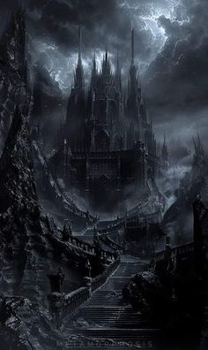 an image of a castle in the sky with stairs leading up to it and dark clouds above