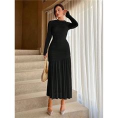 Embrace Elegance With This Black A-Line Dress, Designed To Make A Sophisticated Statement. Featuring A Round Neckline And Long, Regular Sleeves, It Offers Timeless Style With A Modern Twist. The Natural Waistline And Flounce Hem Create A Flattering, Graceful Silhouette, While The Ruffle Hem Adds A Touch Of Charm. Crafted From Slightly Stretchy Knitted Fabric, This Long Dress Ensures A Slim Fit That Moves Comfortably With You. The Lined Body And Non-Sheer Fabric Provide Confidence And Comfort, Ma I Understand, Sheer Fabric, Hem Dress, Sheer Fabrics, Ruffle Hem, Formal Occasion, Graduation Dress, Timeless Style, Round Neckline