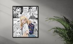 an anime poster hanging on the wall next to a potted plant