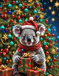 a painting of a koala bear holding a christmas present in front of a christmas tree