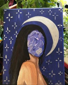 a painting of a woman wearing a blue hat with the moon in her hair on it