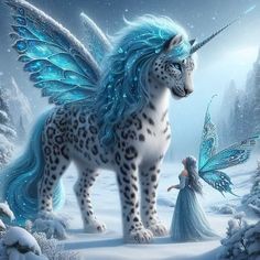 a white and blue unicorn standing next to a snow covered forest