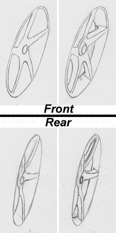 four different views of the front and rear wheels