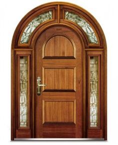 a wooden door with stained glass on the top and side panels above it is an arch