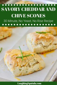 cheddar and chive scones on a baking sheet with text overlay