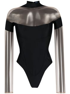 black/beige cotton sheer panels silver-tone logo plaque mock neck long sleeves Just a reminder that this piece must be tried on over your own garments. Mugler Bodysuit, Silver Bodysuit, Grey Bodysuit, Latest Fashion Design, Silver Logo, Ribbed Bodysuit, Body Contouring, Black Bodysuit, Mock Neck