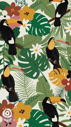 an image of birds and flowers on a wallpaper pattern that looks like it is in the jungle