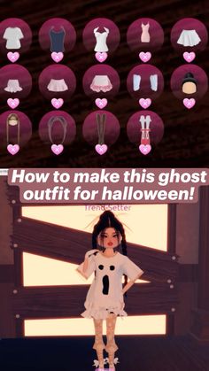 a girl in a white dress standing next to a sign that says how to make this ghost outfit for halloween