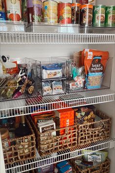 an organized pantry filled with food and snacks