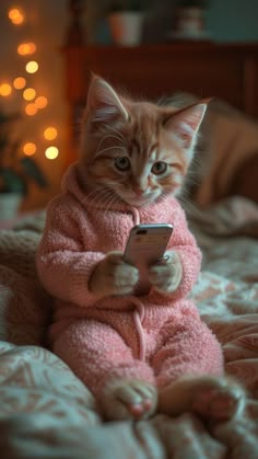 a small kitten in a pink outfit sitting on a bed looking at a cell phone