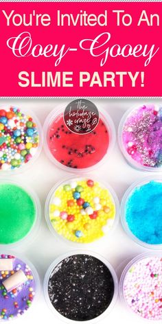 an assortment of slime party treats with the words, you're invited to an oven - goer slime party