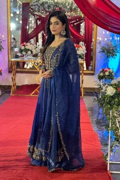 Pakistani Actress Dresses, Royal Blue Formal Dress, Drama Aesthetic, Anarkali Frock, Clothing Pattern Design, Women Dress Online