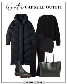 Black Capsule Wardrobe, Dressy Boots, Look Boho Chic, Winter Trip, Capsule Outfits, Quilted Coat, Casual Winter Outfits