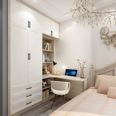 a bedroom with a bed, desk and shelves