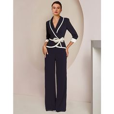 Silhouette:Jumpsuit / Pantsuit,Two Piece; Hemline / Train:Floor Length; Closure:Zipper UP; Fully Lined:No; Built-In Bra:No; Embellishment:Crystals,Color Block; Fabric:Stretch Chiffon; Sleeve Length:3/4 Length Sleeve; Tips:Colors may vary slightly due to different monitor settings,Professional dry cleaner only; Boning:No; Style:Elegant; Occasion:Wedding Party,Formal; Waistline:Natural; Neckline:Shirt Collar; Brand:LAN TING Express; Listing Date:08/11/2023; Bust:; Hips:; Hollow to Floor:; Waist:; Dress Formal Elegant, Bride Pantsuit, Formal Pant Suits, Brides Mom, Mother Dresses, Two Piece Jumpsuit, Jumpsuit Online, Mother Of The Bride Dress, Moda Vintage