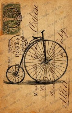 an old fashioned bicycle is shown with stamps on the back and front wheel, as well as some writing