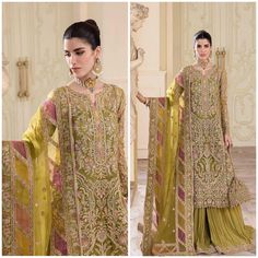 Malangi Fashion Dress try to make sure you have the best experience while selecting and buying your favourite Indian and Pakistani Outfits for any occasion like barat, walima, mehndi, nikkah, dholki, mayu, sangeet, engagement or reception guest in different style dress of salwar kameez, maxi peshwas, gown, saree, lehenga, sharara or ghararara Color : Olive Product Description: The olive green Pakistani wedding shirt has embroidery and embellishments that glisten with every step, This traditional Mehndi Sharara, Wedding Dress Mehndi, Lehenga Sharara, Gown Saree, Suit Embroidery, Embroidery Clothes, Wedding Shirt, Olive Shirt, Saree Lehenga