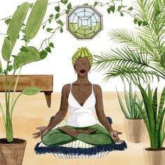 a woman sitting in a lotus position surrounded by potted plants