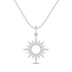 A radiant gift, this sun necklace is sure to brighten her day. Created in sterling silver, the sun pendant sparkles with round diamonds around its center cutout and down its brilliant rays. Radiant with a total diamond accent, this pendant suspends along an 18-inch cable chain that secures with a lobster clasp. Sun Necklace, Sun Pendant, Necklace Clasps, Kay Jewelers, White Necklace, Accessories Jewelry Necklace, Necklace Sterling Silver, Diamond Stone, Necklace Designs