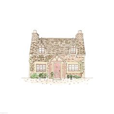 a drawing of a house with a pink door