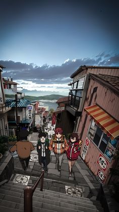 three people walking up some steps in the middle of an alley way with buildings on either side