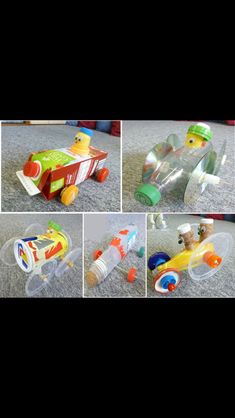 several pictures of plastic toys on the floor