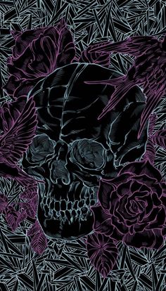 a drawing of a skull surrounded by flowers