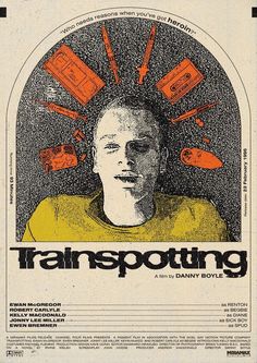 a poster with an image of a man's head surrounded by orange cassettes