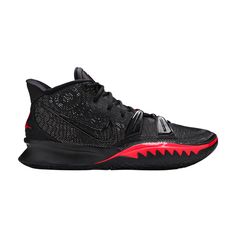 Find NIKE Kyrie 7 'bred on Editorialist. The Nike Kyrie 7 ‘Bred’ delivers an essential colorway of Kyrie Irving’s seventh signature shoe, featuring a breathable black mesh upper enlivened with sharply contrasting accents in University Red. In lieu of the midfoot strap utilized on the Kyrie 6, this model uses TPU ‘fingers’ integrated into the lacing system for improved lockdown. The chassis is mostly unchanged from the older shoe, highlighted by a forefoot Air Zoom Turbo unit and a curved outsole for banking traction. Nike Cushioned Basketball Shoes For Training, Nike Basketball Shoes With Cushioned Footbed For Training, Nike Training Basketball Shoes With Cushioned Footbed, Basketball Sneakers With Boost Midsole, High-top Mesh Basketball Shoes For Training, Synthetic Sneakers With Boost Midsole For Basketball, Breathable Lace-up Basketball Sneakers, Athletic Basketball Shoes With Boost Midsole, Athletic Fit Basketball Shoes With Boost Midsole