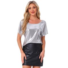 This Allegra K Metallic Top is crafted with a soft and stretchable sparkly fabric, offering a charming look. The off-the-shoulder design and short sleeves add a trendy touch to any outfit. The shimmer and glitter details make it perfect for a variety of occasions, from parties to night outs. This blouse complements the style of women who love to shine. The loose fit ensures comfort, while the metallic fabric adds a touch of glamour. Suitable for after-work parties, clubs, discos, and gatherings, Sparkly Blouse, Metallic Tops, Sparkly Fabric, Womens Cosplay, Boat Neck Blouse, Party Blouse, Halloween Long Sleeve, Fitted Blouses, Women's Blouses