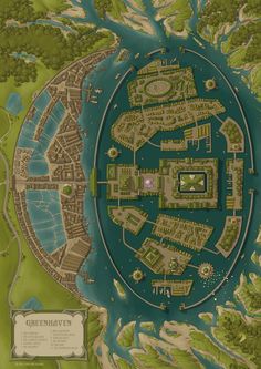 a map of the city of greenway, with lots of water and buildings on it