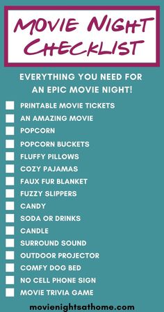 Movie Night Videos At Home, Girls Movie Night Ideas At Home, Outdoor Home Movie Theater, What Do You Need For A Movie Night, Inside Movie Night Ideas, Fun Family Movie Night Ideas, Movie Night Checklist, Movie Night Games Activities, How To Make A Movie Theater At Home