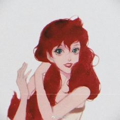 a drawing of a woman with long red hair and blue eyes, holding her hands on her chest