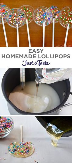 homemade lollipops with sprinkles are being poured into a pan